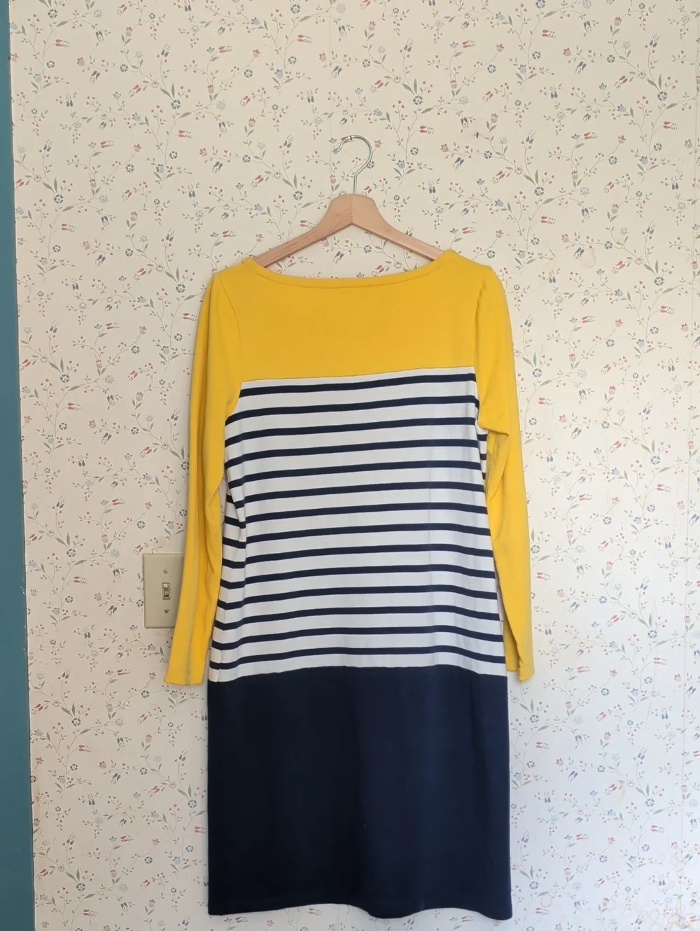 Boden Striped Navy Yellow Long-Sleeve Shift Dress Blue Pockets 12L Block Vintage